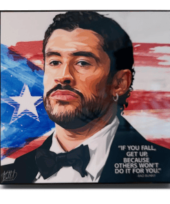 Bad Bunny pop art poster with Puerto Rican flag and motivational quote
