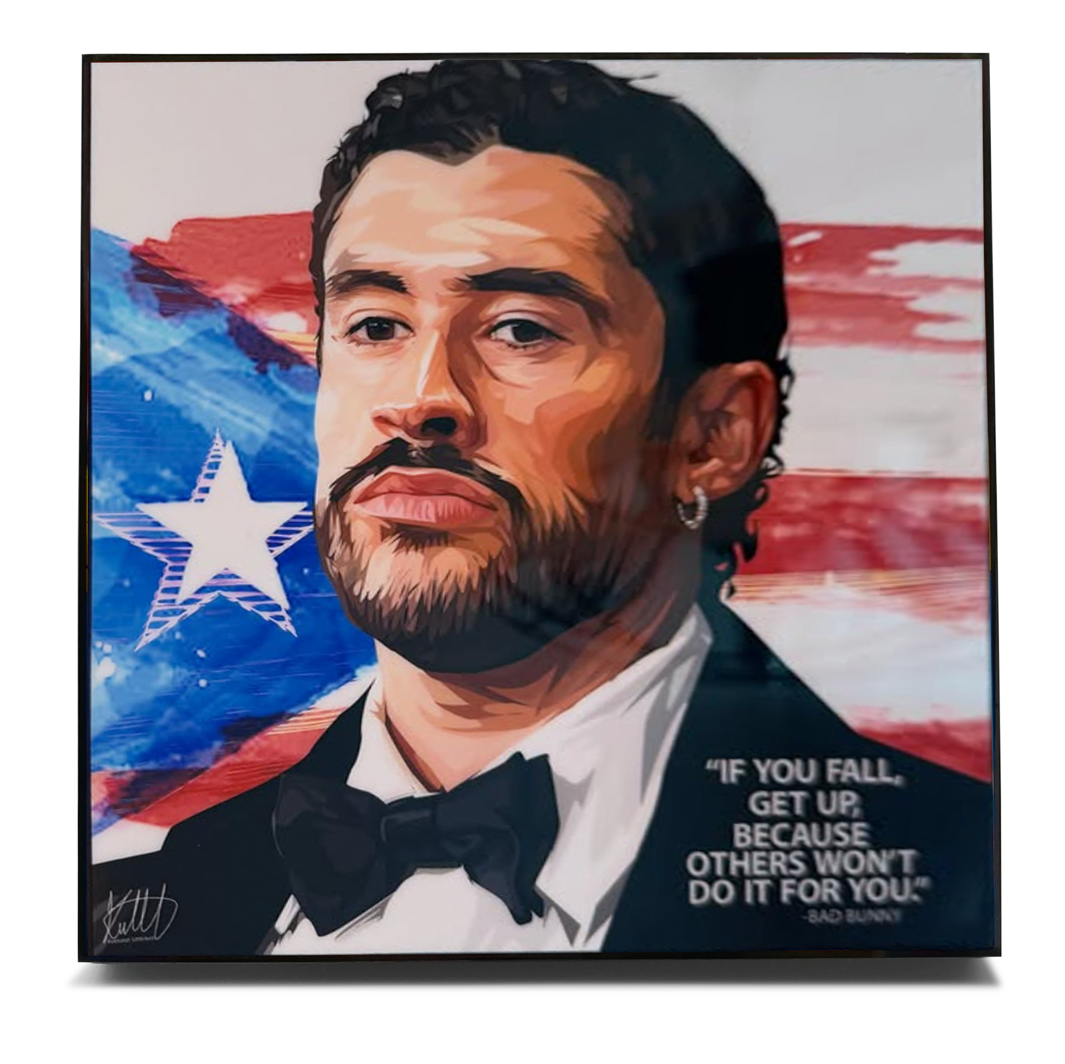 bad_bunny_front Bad Bunny pop art poster with Puerto Rican flag and motivational quote